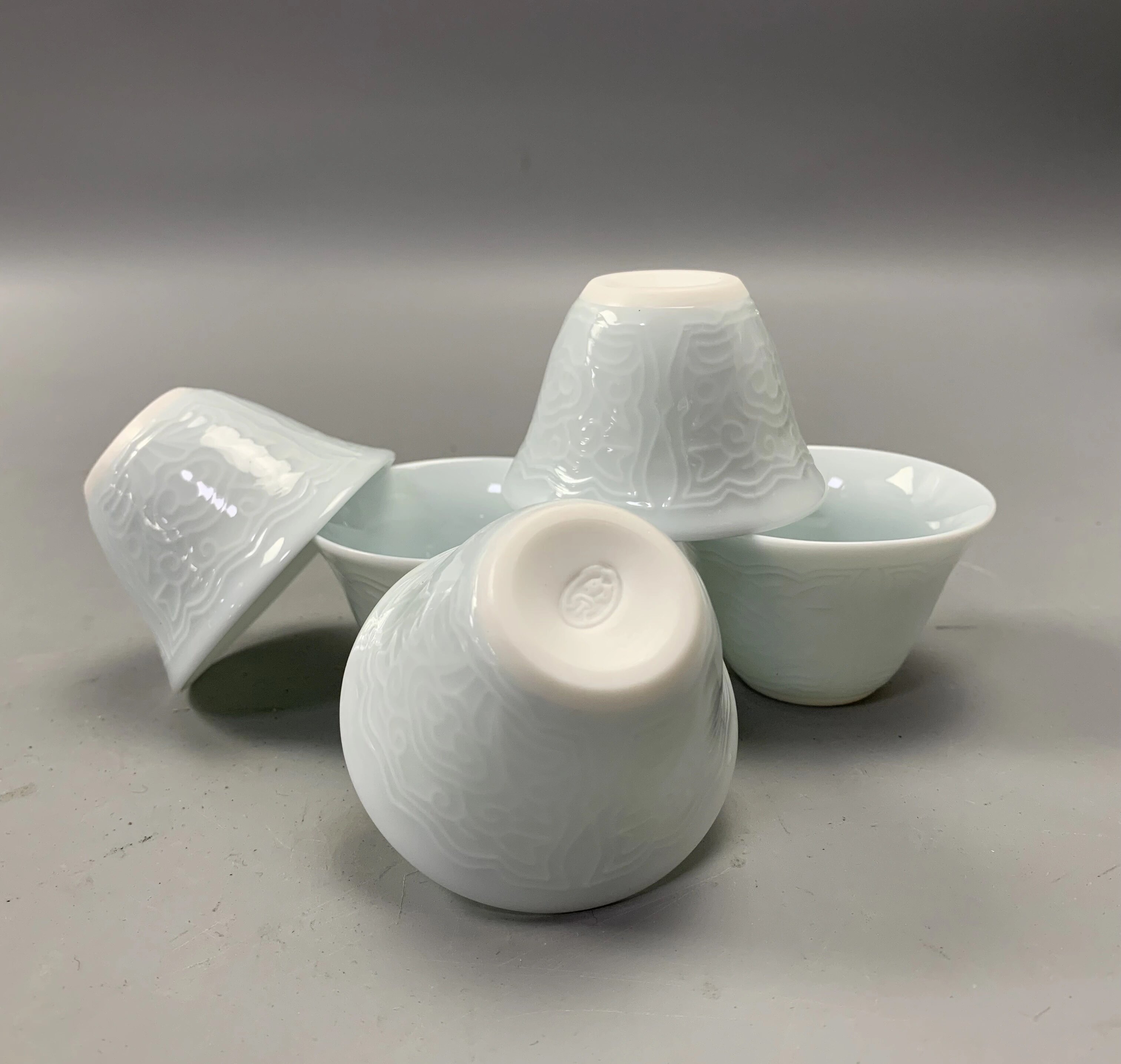 日本竹泉浮雕花纹青白瓷品茗杯茶杯茶道具杯子5只