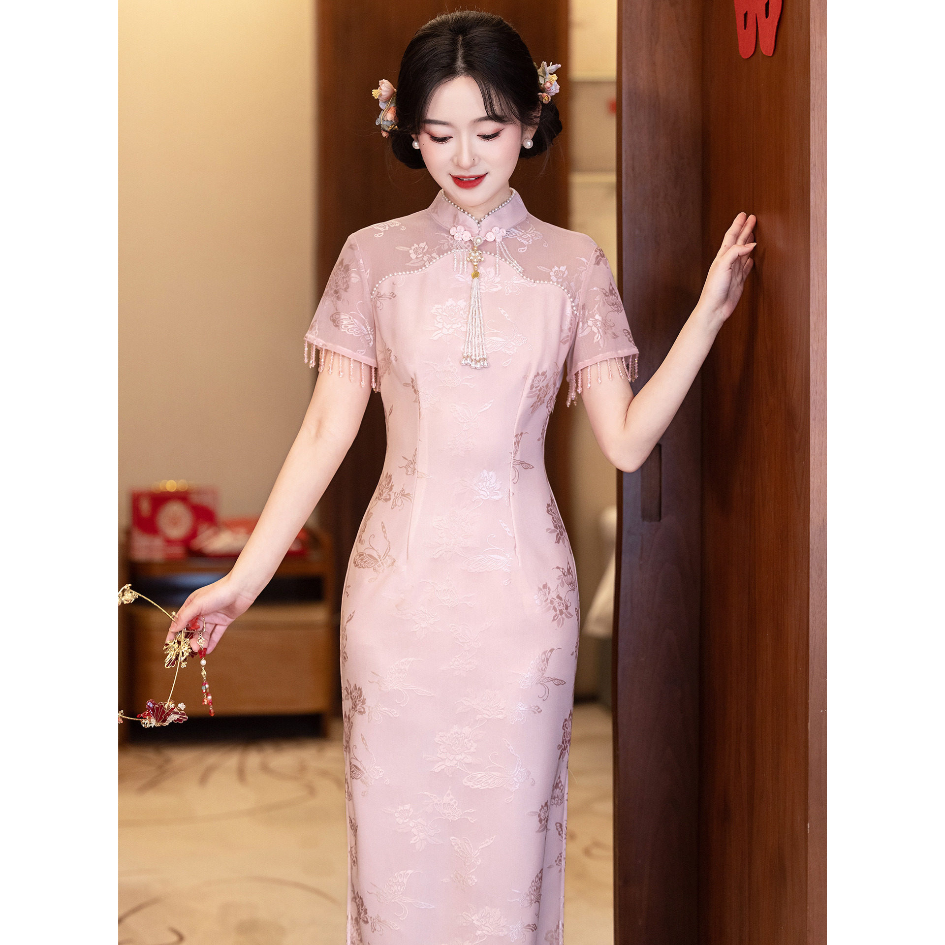 粉色旗袍女夏季新款改良新中式收腰显瘦长款气质连衣裙订婚敬酒服