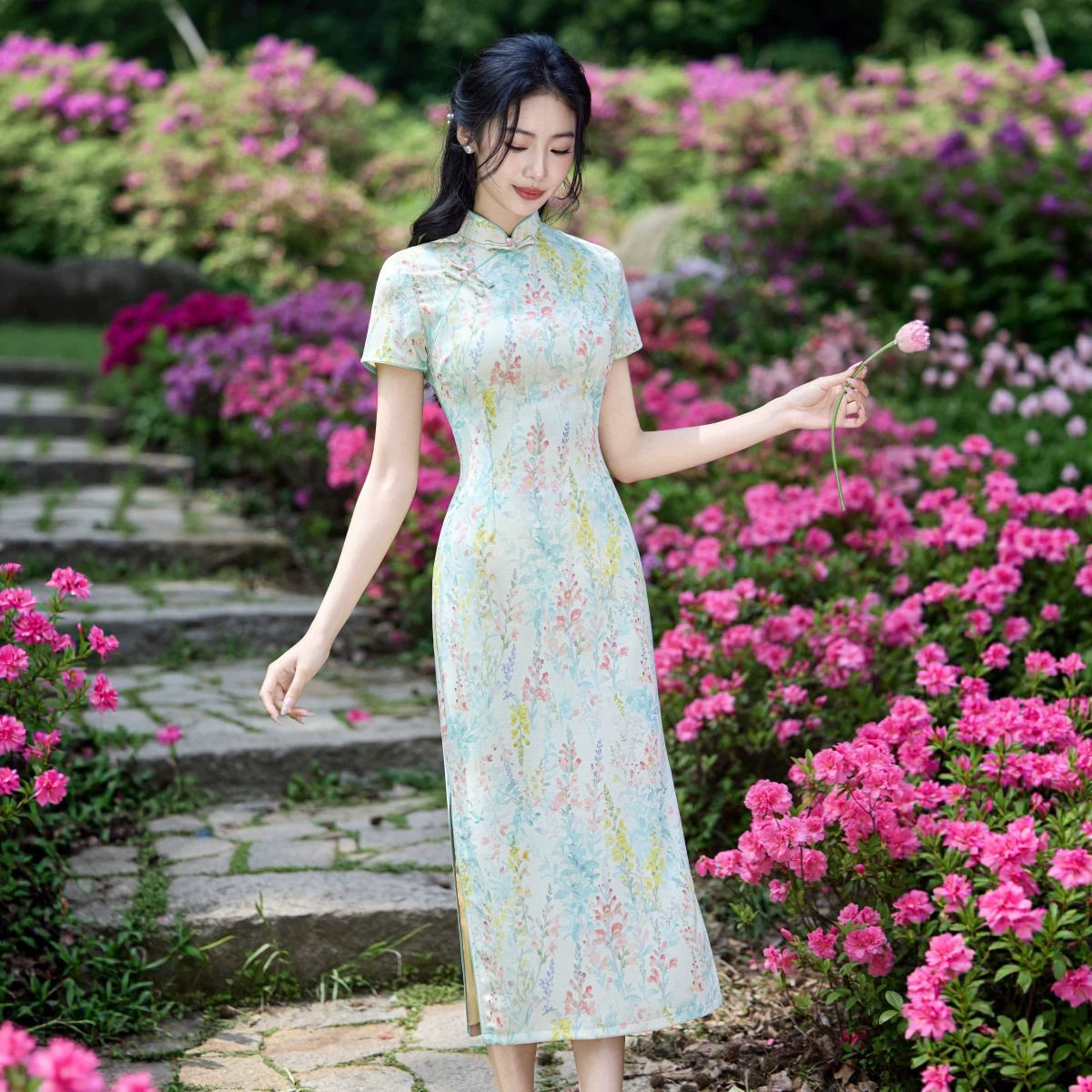 油画碎花短袖旗袍夏季新款立领盘扣长款连衣裙复古新中式出游女装