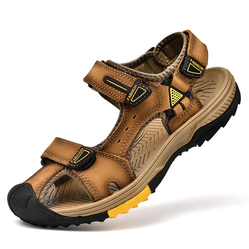 SANDALS MENS TRENDY SUMMER LEATHER SOFT SOLE ANTI-ODOR OUTSIDE ATHLEISURE MENS OUTDOOR BAOTOU COWHIDE BEACH SHOES