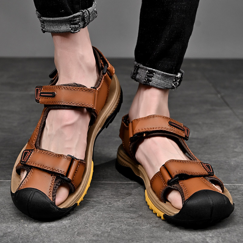 SANDALS MENS TRENDY SUMMER LEATHER SOFT SOLE ANTI-ODOR OUTSIDE ATHLEISURE MENS OUTDOOR BAOTOU COWHIDE BEACH SHOES
