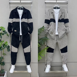 陆海丰男装秋冬加厚雪尼尔撞色拼接运动套装男翻领外套长裤两件套