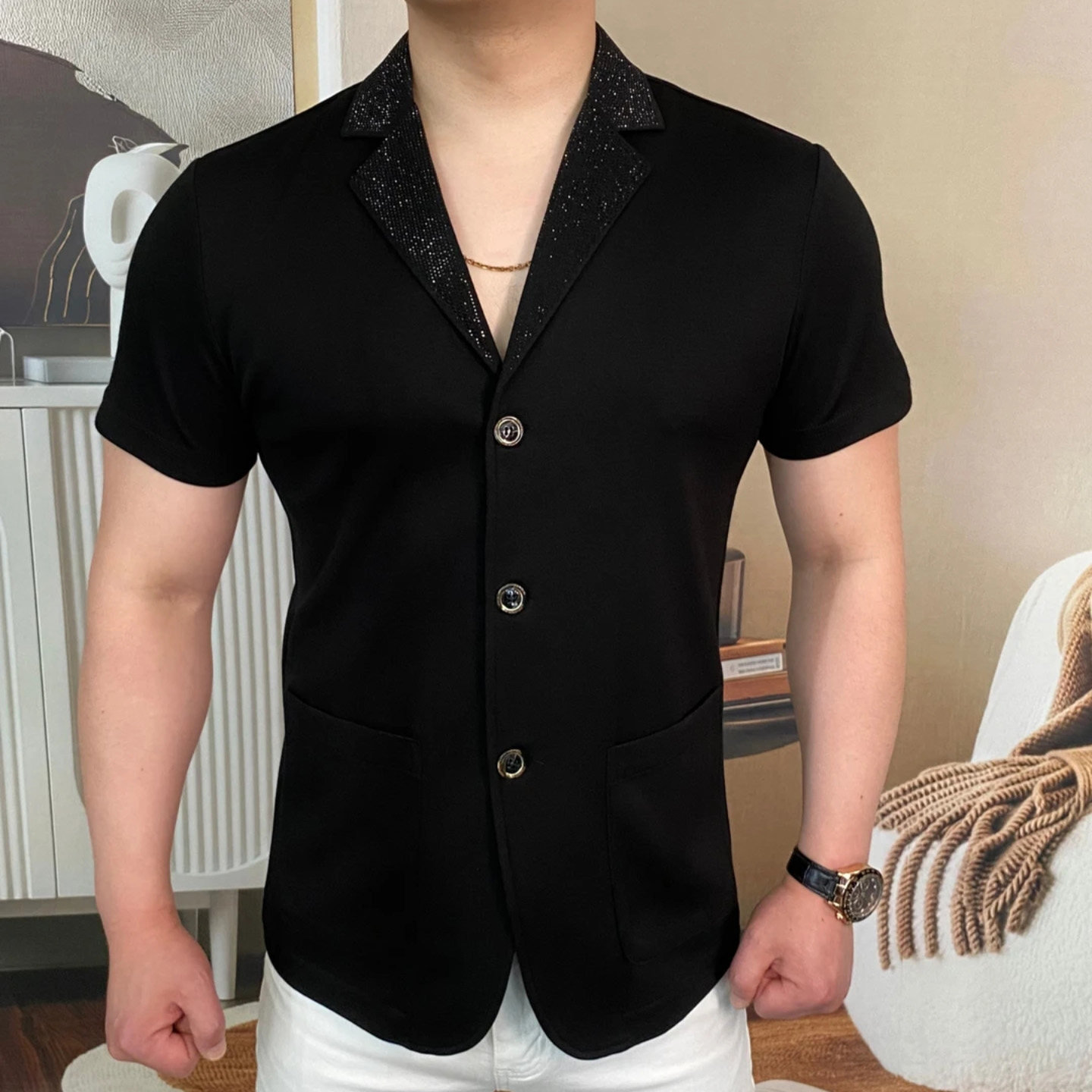 宏嫩优购男装暗影夜序男士高档时尚夏季西装外套修身衬衫轻奢T恤
