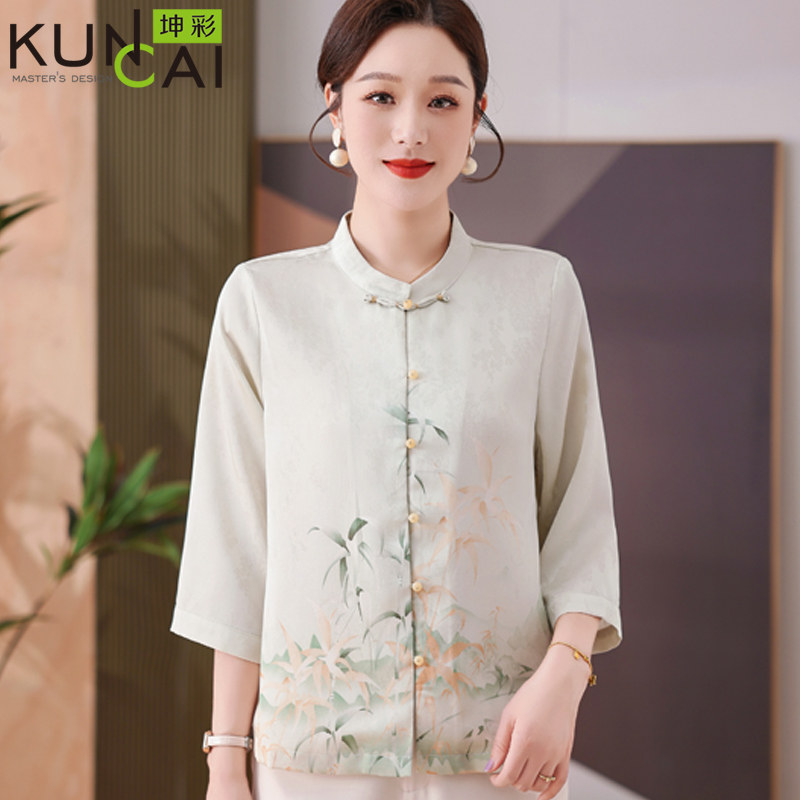 洋气妈妈夏装半袖雪纺衬衣中年妇女高贵上衣服中老年人七分袖衬衫