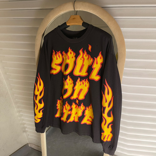 美式复古火焰字母印花长袖T恤
