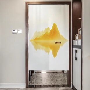 新中式金色山水画轻奢风玄关隔断帘入户大门卧室门帘卫生间遮挡帘