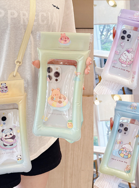 大容量气囊手机防水袋卡通透明触屏套斜跨绳收纳包游泳温泉漂流袋