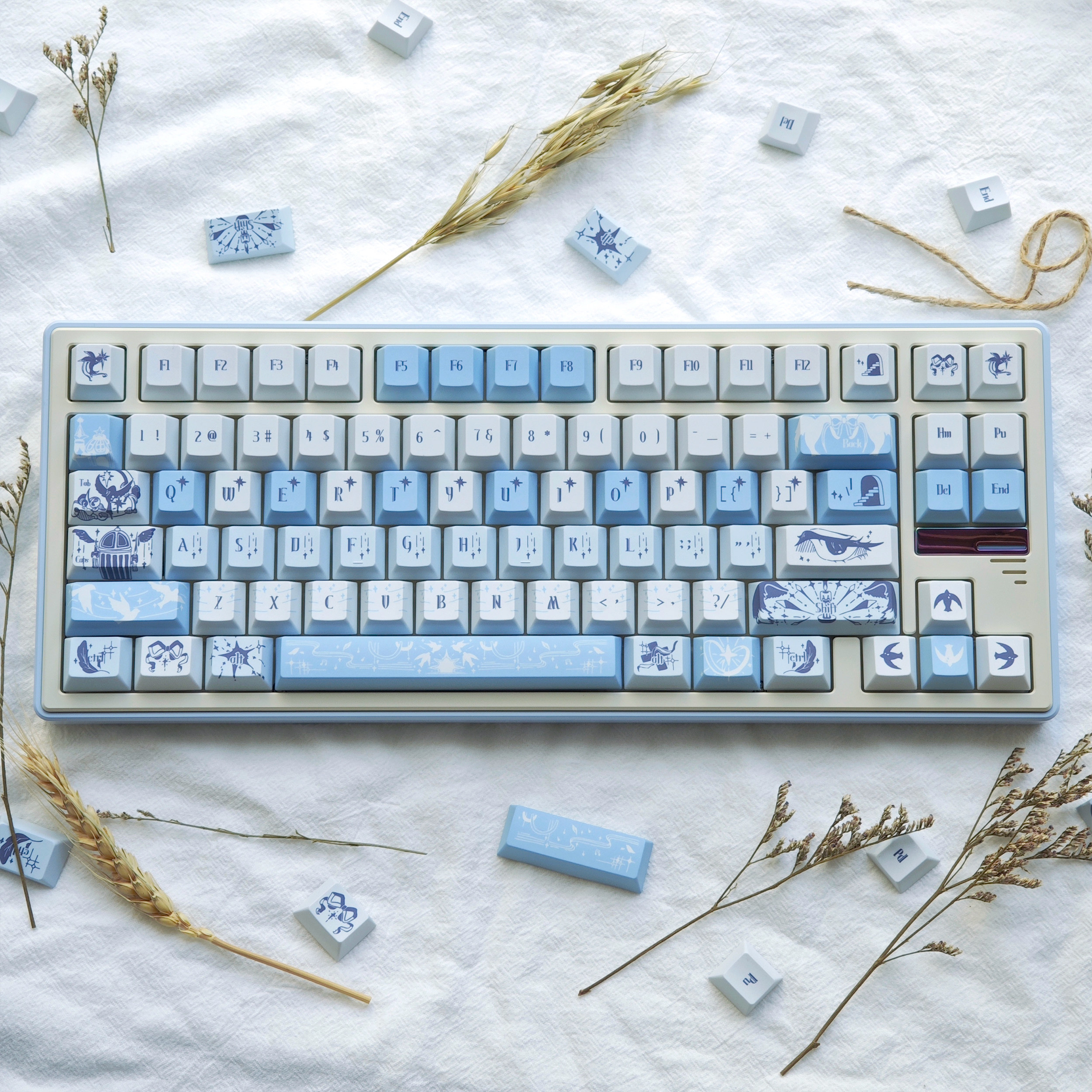 梦键飞鸟集键帽原创蓝白配色 PBT热升华客制化 机械键盘喷涂蓝