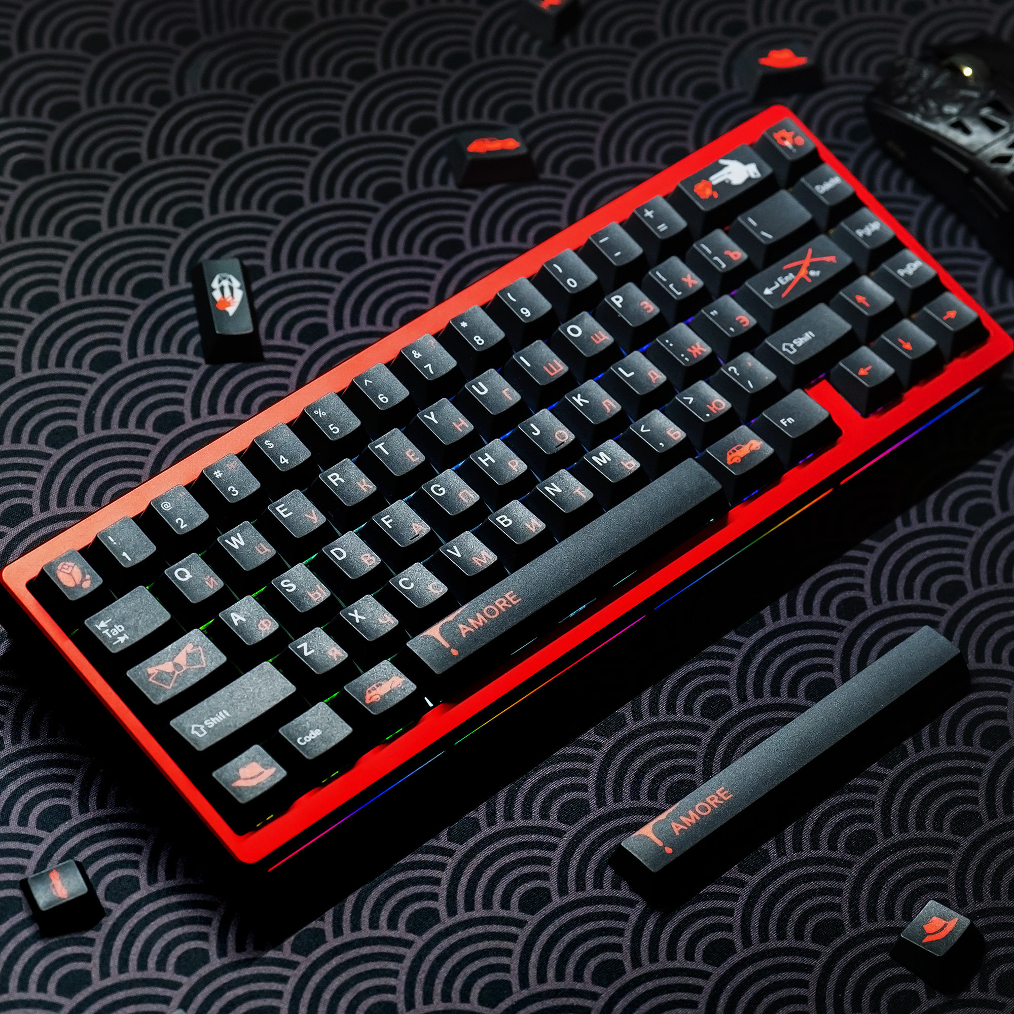 梦键黑红俄文键帽经典黑红配色原厂PBT热升华143键全套机械键盘帽