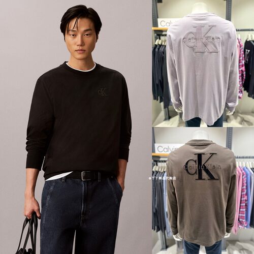 CK韩国代购男后背大LOGO长袖T恤