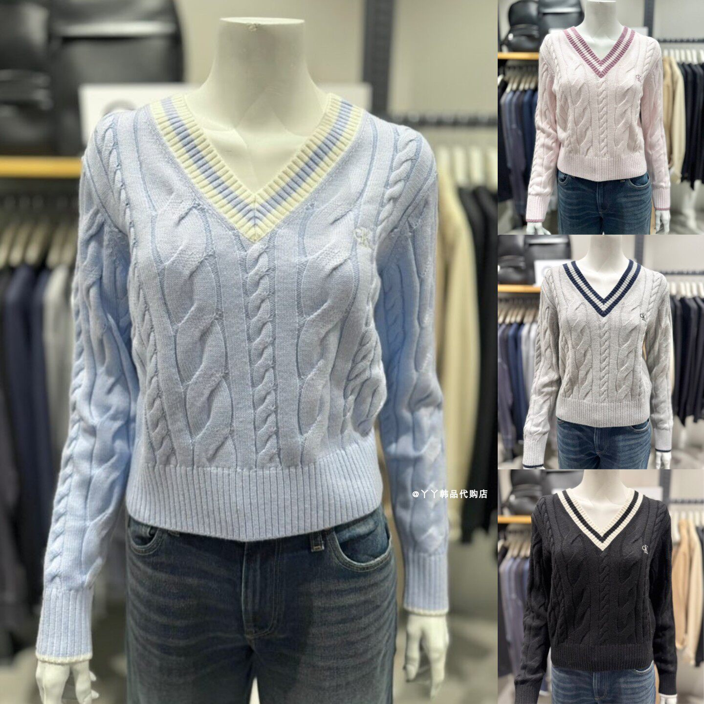 CK JEANS 韩国正品直邮代购26秋A47H394G女士羊毛混纺V领针织衫