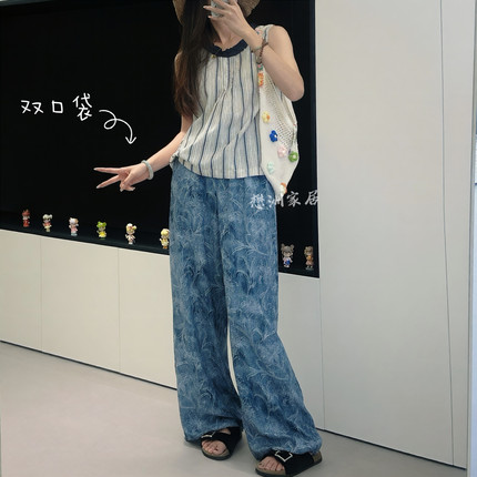 春夏新款双口袋棉绸裤女阔腿裤外穿慵懒显瘦人造棉宽松休闲长裤子