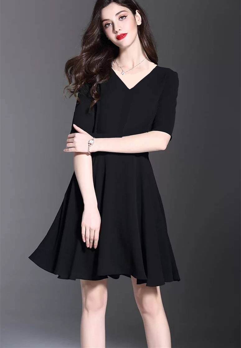V领春夏新款半袖显瘦拉丁舞蹈练功演出服现代广场套服大码连衣裙