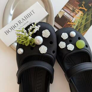 森系清新白玫瑰珍珠洞洞鞋鞋扣玛丽珍鞋花DIY装饰配件diy可拆卸