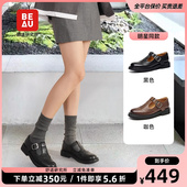复古乐福鞋 BEAU黑色羊皮T字玛丽珍鞋 女厚底小皮鞋
