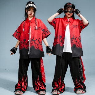 街舞儿童潮服嘻哈短袖黑红演出服男童套装hiphop女童酷帅表演服夏