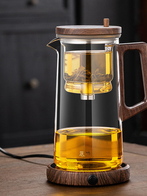 飘逸杯全玻璃内胆家用胡桃木把手带盖泡茶壶茶水分离杯大容量1升