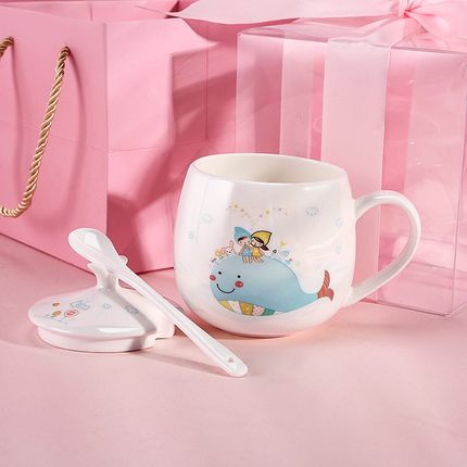 卡通超可爱萌少女水杯陶瓷杯带盖勺儿童骨瓷杯子牛奶咖啡马克杯女