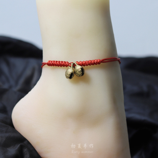 纯黄铜虎头铃铛脚链开运编织平安本命红绳男女手链会响脚绳不掉色