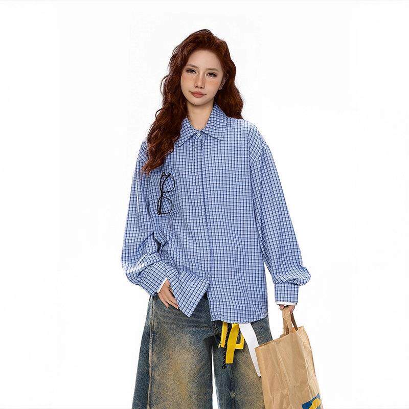男女外套领上衣宽松休闲衬衫衬衣格纹Polo年韩系百搭长袖2025蓝色