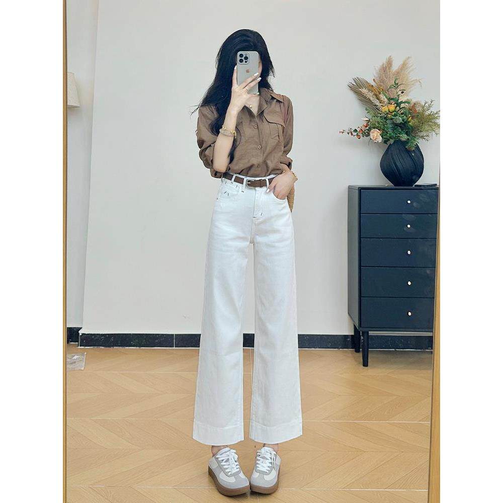白色牛仔裤爆款高腰九分直筒裤显瘦小个子设计感百搭刺绣女秋