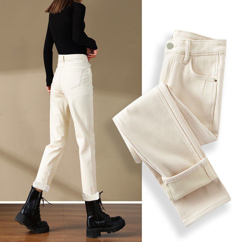 米白色窄版牛仔裤女款2026春季新款高腰百搭显瘦窄版修身直筒裤子