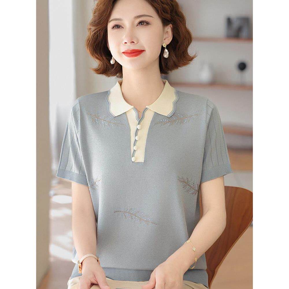 洋气新款夏装中老年T恤上衣服妈妈翻领女短袖小个子套装冰丝2026