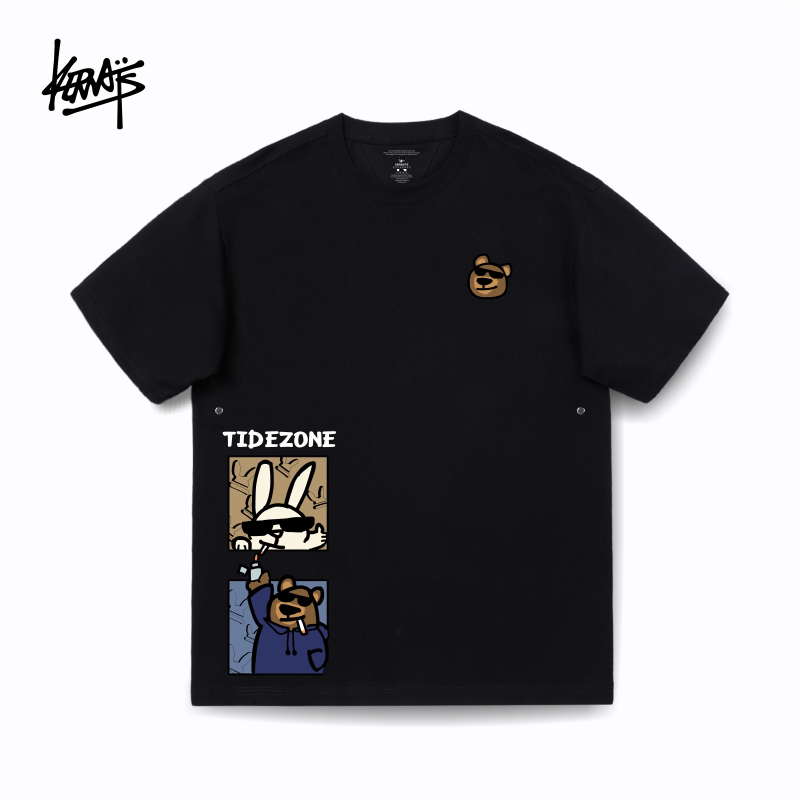 KERWATS新款韩版男女情侣装小熊兔子卡通印花休闲落肩重磅短袖t恤