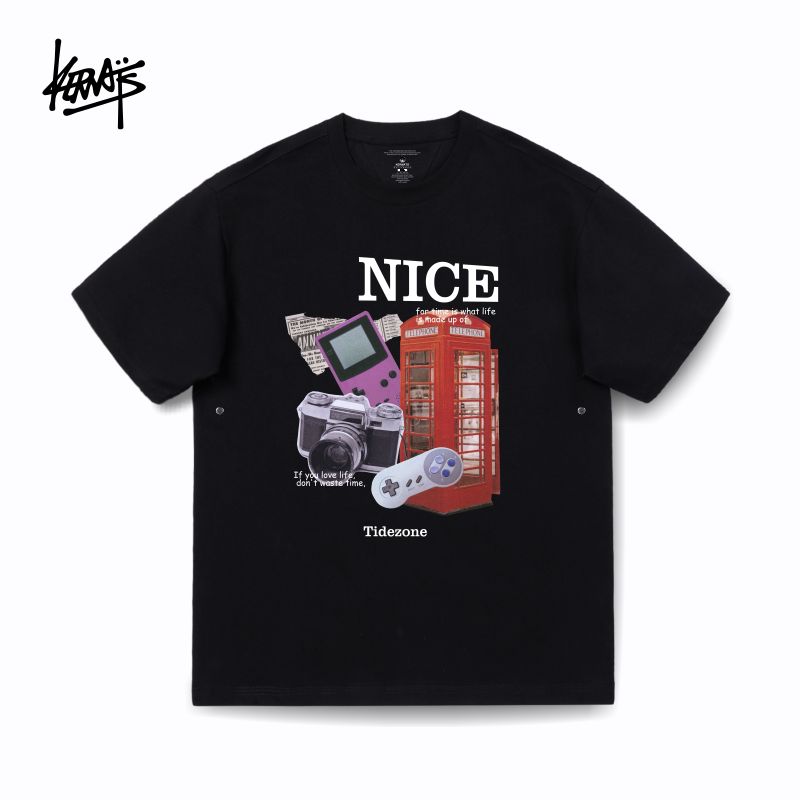 KERWATS潮牌圆领相机游戏机图案印花嘻哈风重磅落肩宽松短袖t恤男