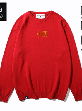KERWATS品牌大码男女情侣china中国印花针织衫国潮风红色圆领毛衣