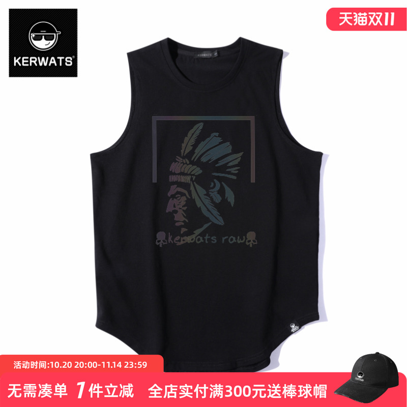 KERWATS大码男装反光潮牌印花黑色马甲球衣胖子加肥加大运动背心