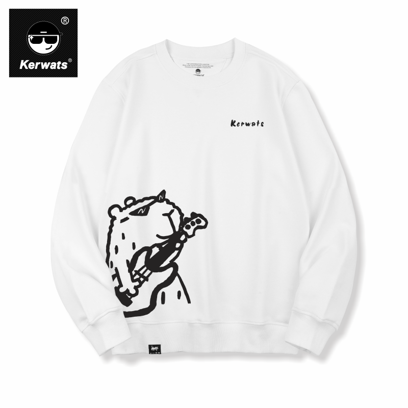 KERWATS可维斯品牌大码男女无性别线条吉它水豚印花白色打底卫衣