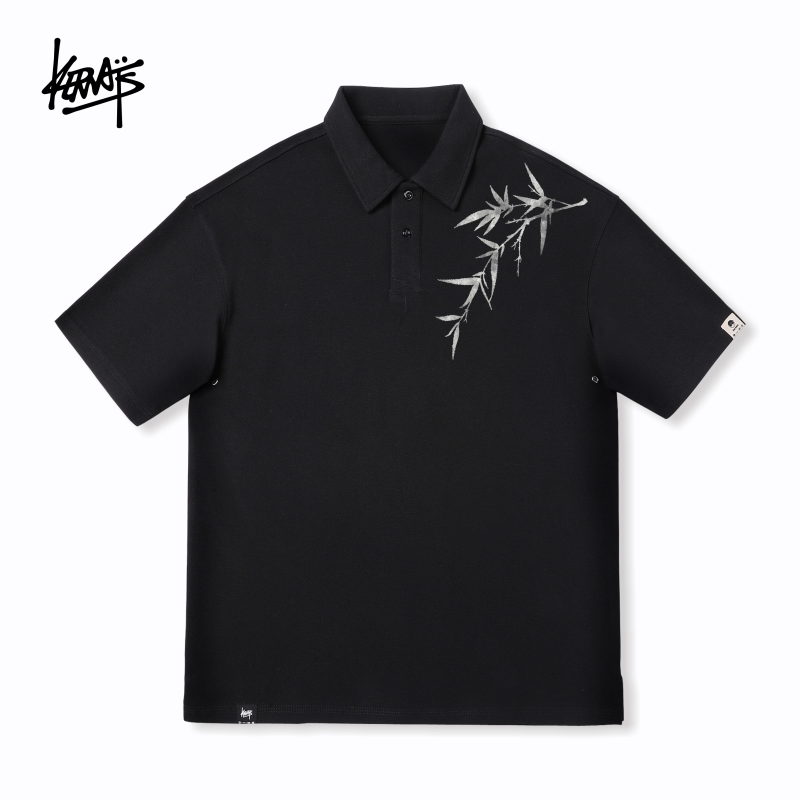 大码新中式翻领墨竹短袖子叶男士图片