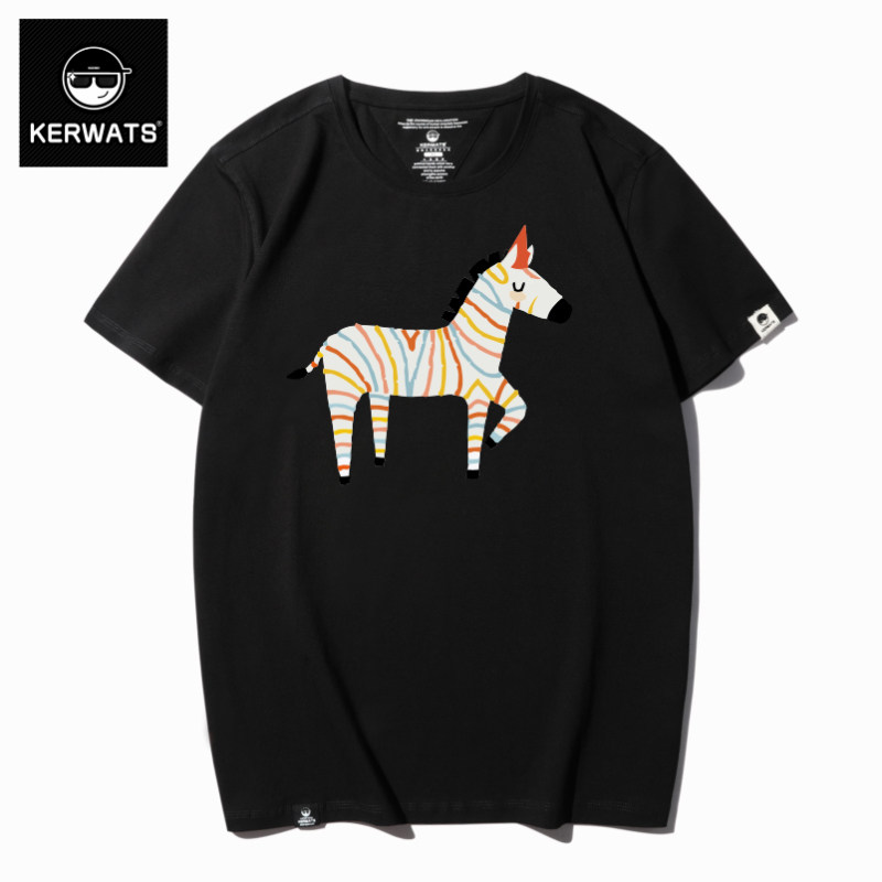 KERWATS潮流斑马图案印花宽松棉质大码半袖t恤胖子200斤男装短袖