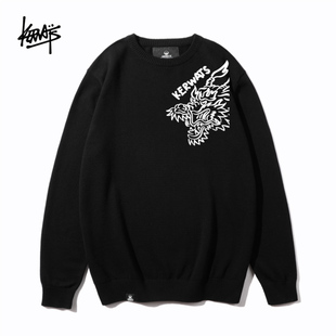 KERWATS可维斯品牌大码 男女情侣无性别龙图案印花秋冬针织毛衣