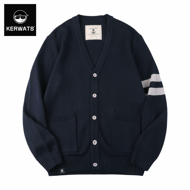 KERWATS潮流宽松韩版开衫简约百搭运动针织衫秋冬季慵懒风毛衣男