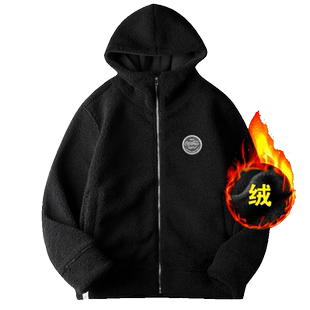 KERWATS仿羊羔绒外套无性别男女针织衫加绒加厚胸章秋冬连帽上衣