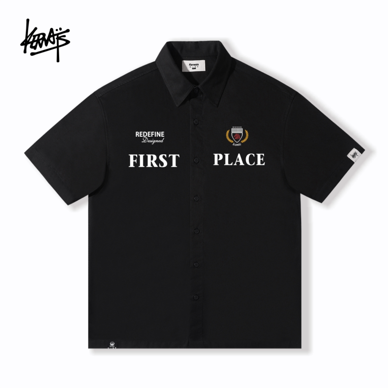 KERWATS品牌大码男女情侣马头麦穗字母印花纯棉翻领夏季短袖衬衫