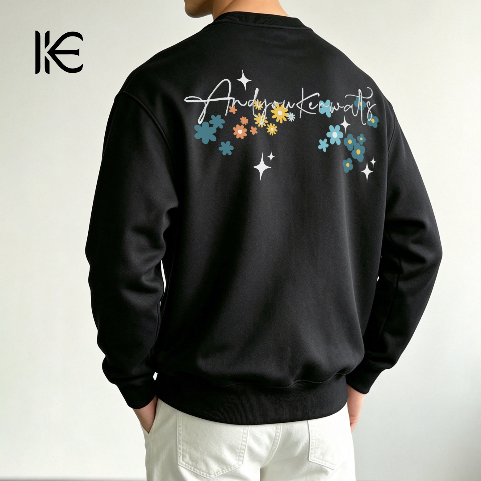 KERWATS可维特斯品牌大码男装花卉字母印刺绣花潮牌大号圆领卫衣