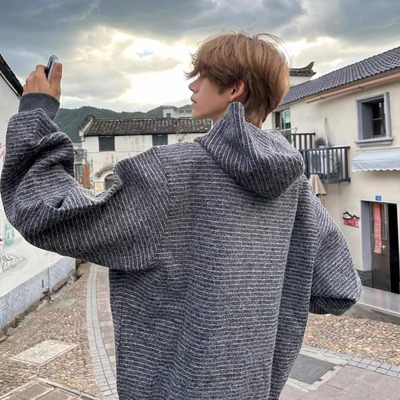 美式高街条纹连帽卫衣男款秋外套