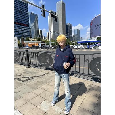 美式高街设计感刺绣连帽卫衣男春秋新款潮牌重磅小众情侣开衫外套