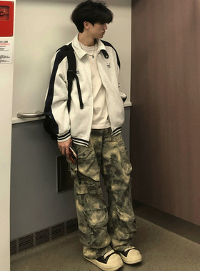 美式复古撞色立领开衫卫衣夹克男女2025春秋百搭休闲运动拉链外套