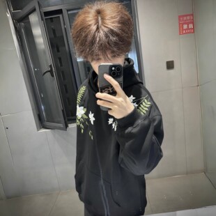 潮牌宽松情侣上衣 2025美式 新中式 花卉刺绣连帽卫衣男女秋冬季 新款