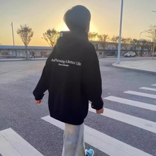 美式潮牌黑色oversize卫衣男连帽加绒加厚秋冬爆款慵懒风休闲外套