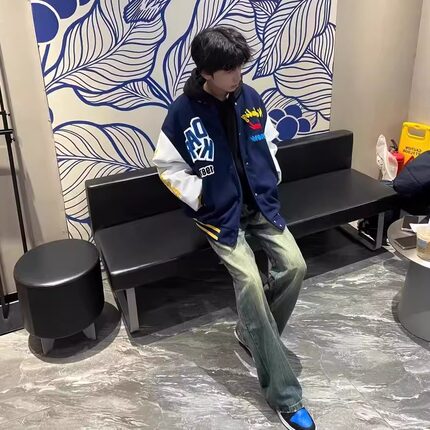 原创美式国潮牌植绒刺绣字母棒球服夹克春季2025新款夹棉加厚外套