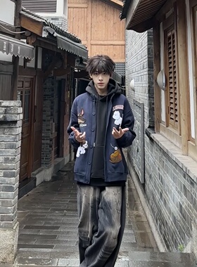 美式高街复古毛巾绣卡通狗狗外套男秋季潮牌休闲百搭开衫情侣夹克