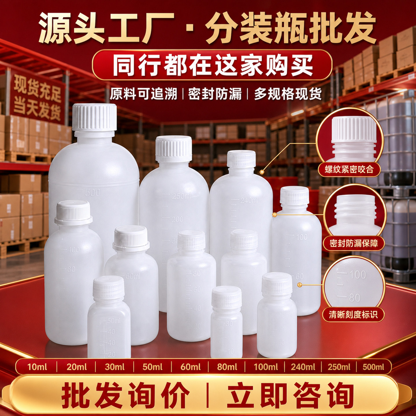 HDPE取样瓶水剂分装瓶空瓶子塑料小液体水酒精包装密封瓶带盖刻度
