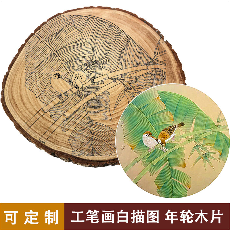 中式工笔画白描泡桐年轮木片花鸟圆木片临摹底稿白描稿手绘年轮画
