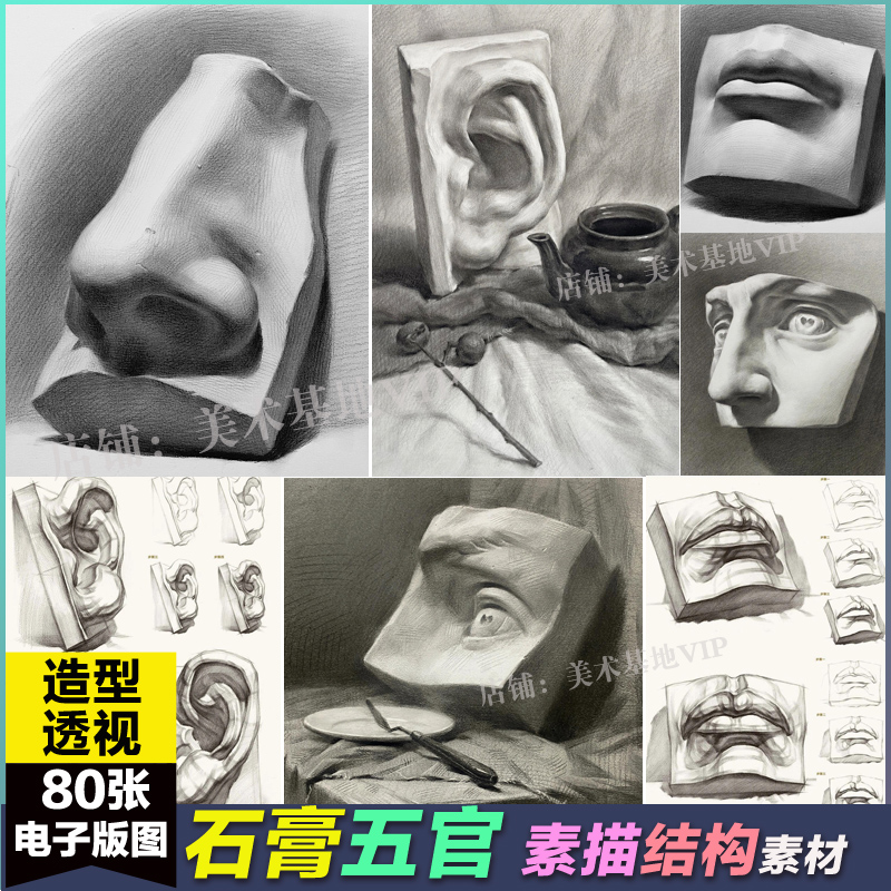 石膏五官素描绘画美术生耳鼻嘴眼眉局部临摹联考校考范画图片素材