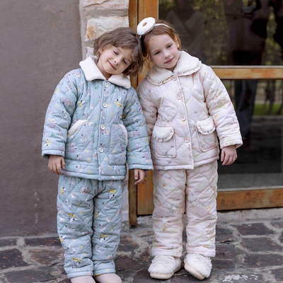 儿童三层夹棉卡通睡衣冬季女童加绒加厚家居服男童可外穿保暖